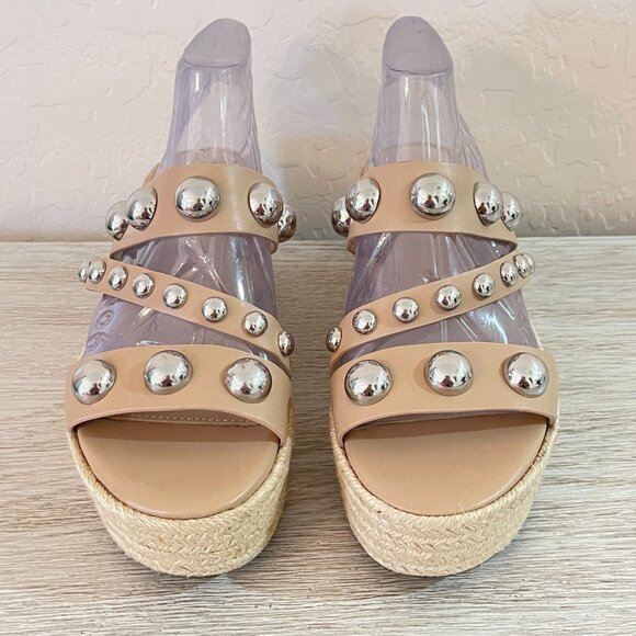 Marc Fisher 6.5 Jalyn Sandals Nude Silver Studs Espadrille Platform Wedge Slides - Picture 3 of 13